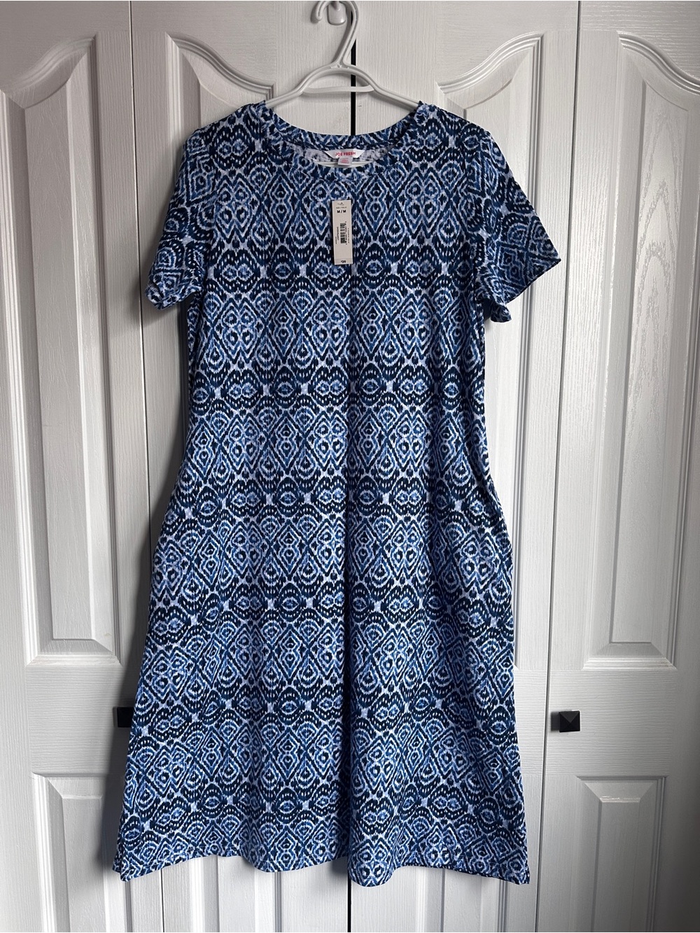 Joe Fresh Blue Patterned Short-Sleeve Midi Dress with Pockets Size Medium